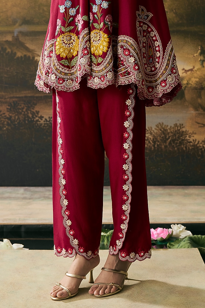 Cherry Red Chanderi Applique Work Short Kurta Set by Chandrima at Pernia's Pop Up Shop
