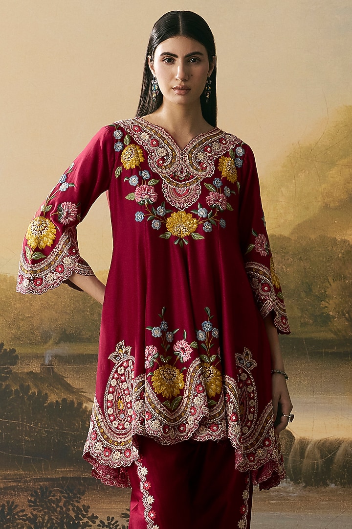 Cherry Red Chanderi Applique Work Short Kurta Set by Chandrima at Pernia's Pop Up Shop