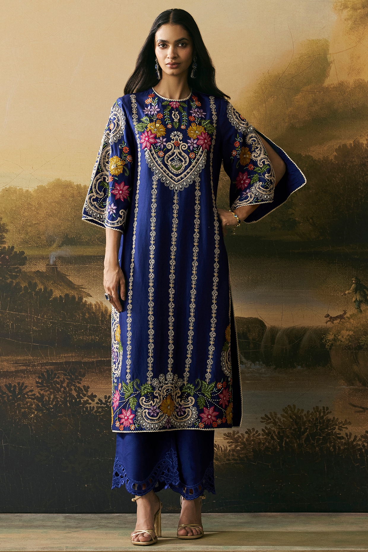 Chandrima Cobalt Blue Chanderi Floral Work Kurta Set