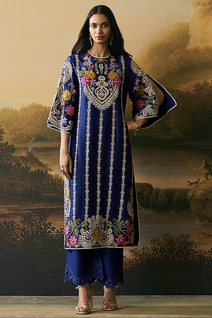 Cobalt Blue Chanderi Floral Work Kurta Set by Chandrima at Pernia's Pop Up Shop