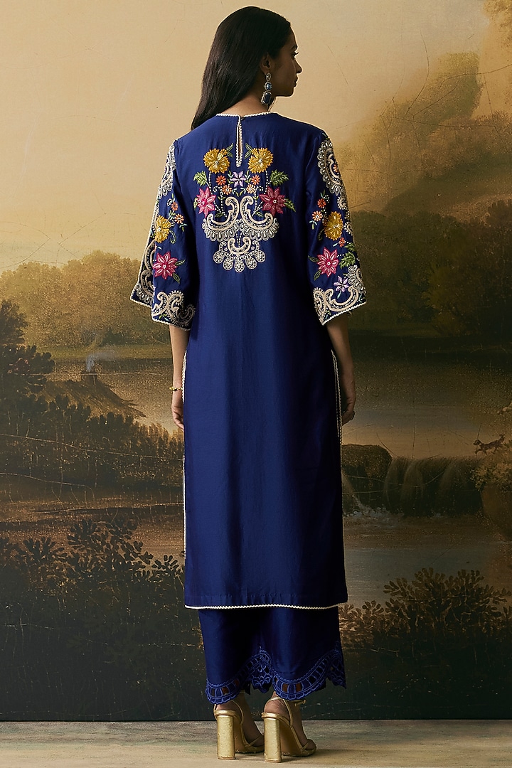 Cobalt Blue Chanderi Floral Work Kurta Set by Chandrima at Pernia's Pop Up Shop