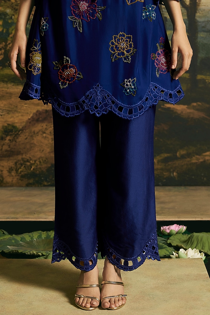 Cobalt Blue Chanderi Floral Work Kurta Set by Chandrima at Pernia's Pop Up Shop