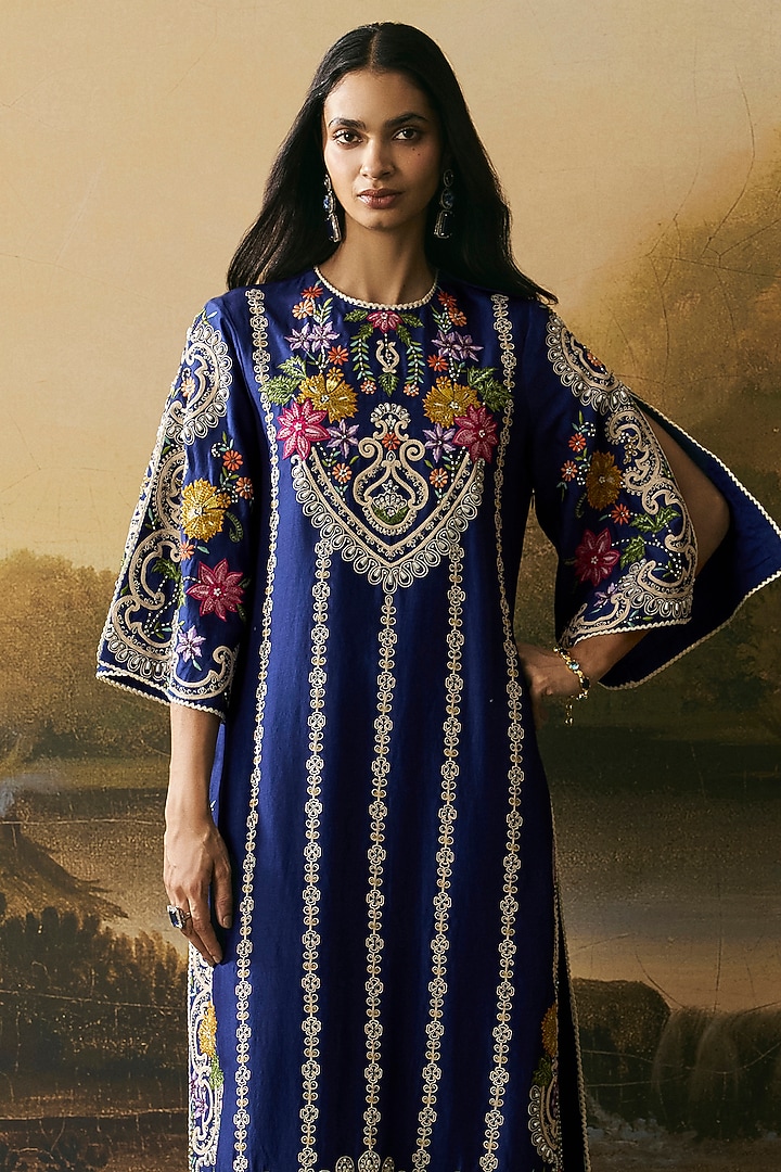 Cobalt Blue Chanderi Floral Work Kurta Set by Chandrima at Pernia's Pop Up Shop