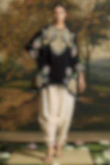 Black Silk Organza Applique Work Tunic Set by Chandrima at Pernia's Pop Up Shop