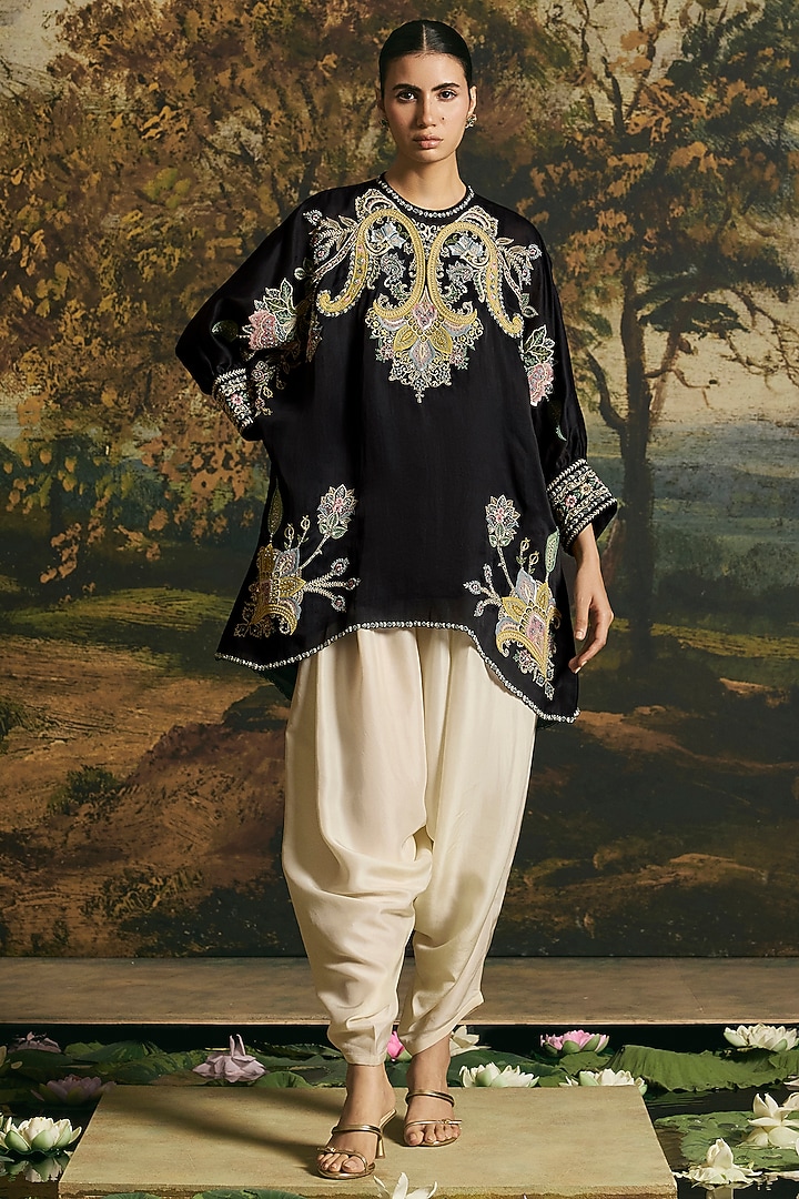 Black Silk Organza Applique Work Tunic Set by Chandrima at Pernia's Pop Up Shop