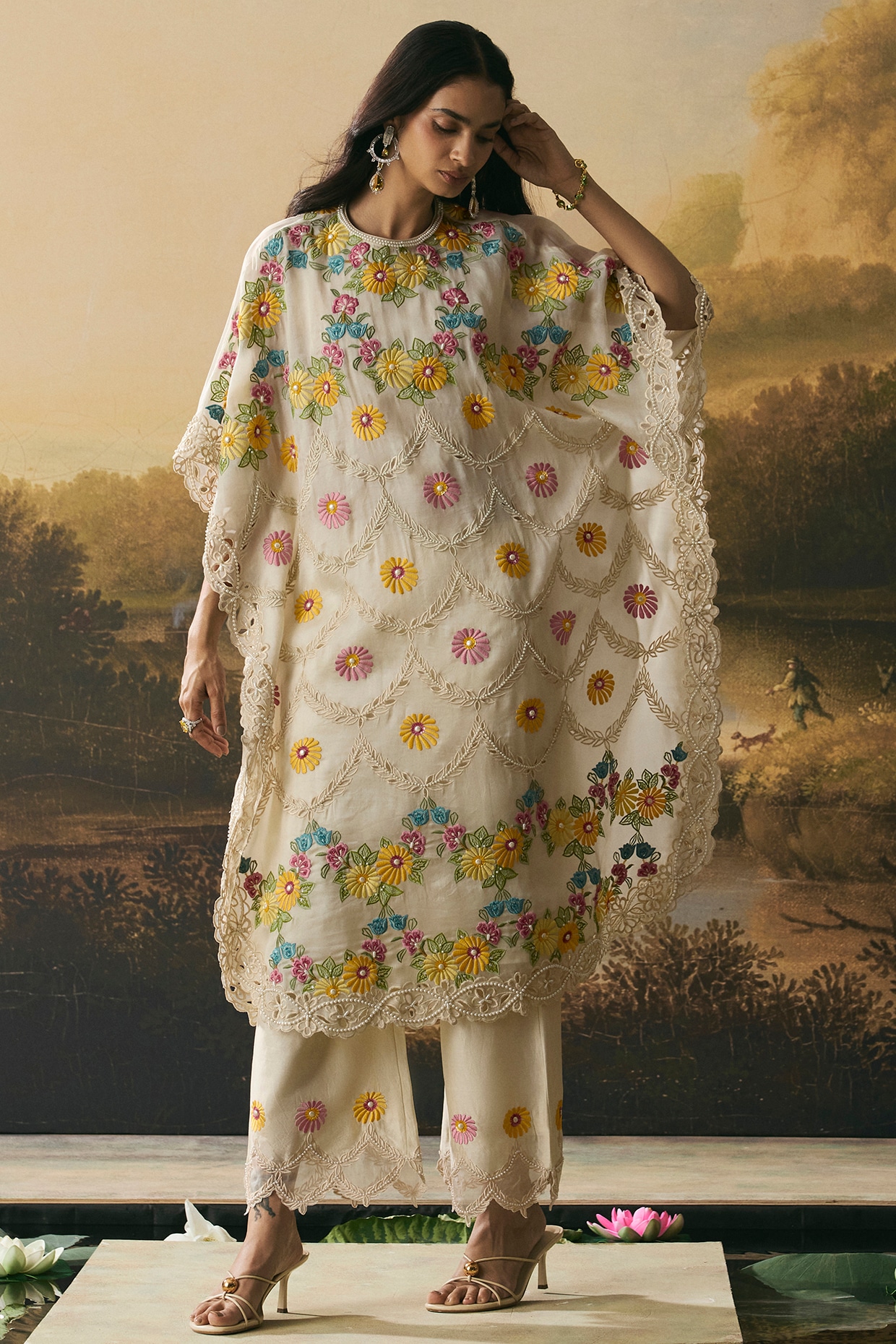 Chandrima Ivory Silk Organza Applique Work Kaftan Set