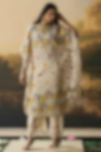 Ivory Silk Organza Applique Work Kaftan Set by Chandrima at Pernia's Pop Up Shop