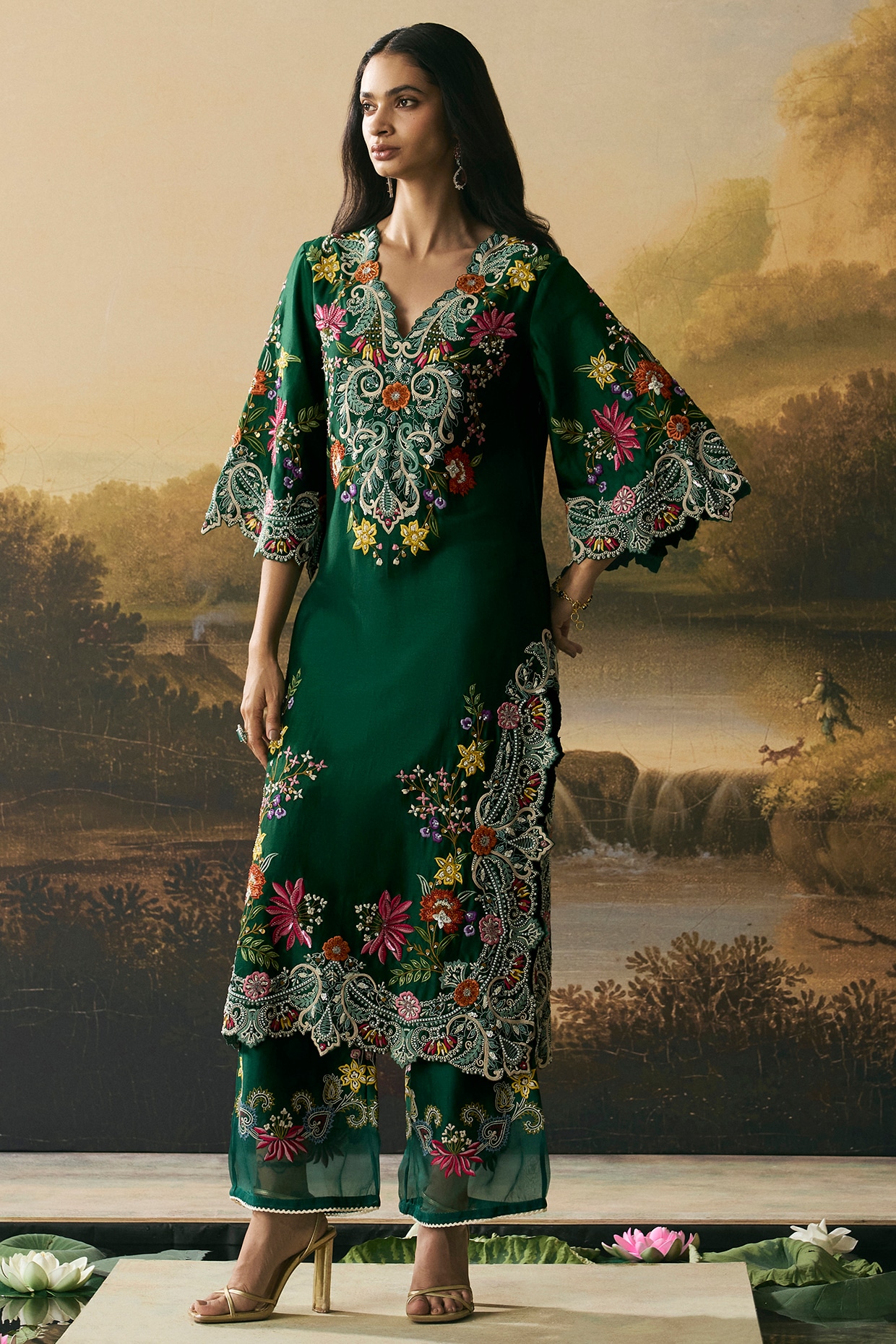 Chandrima Emerald Green Chanderi Floral Work Kurta Set