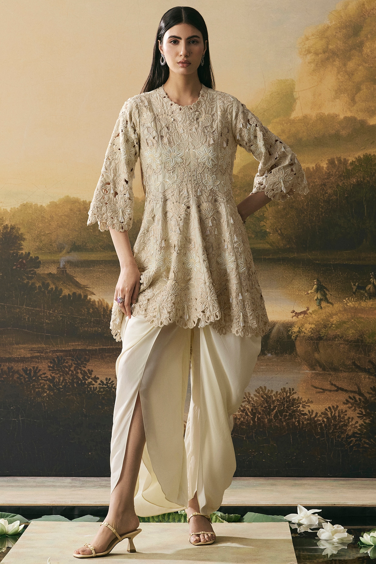 Chandrima Ivory Chanderi Cutwork Short Flared Kurta Set