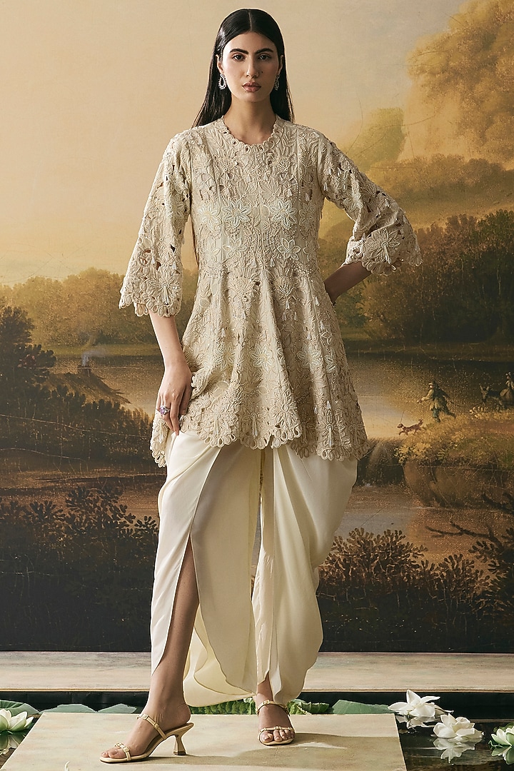 Ivory Chanderi Cutwork Short Flared Kurta Set by Chandrima at Pernia's Pop Up Shop
