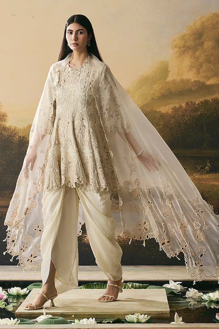 Ivory Silk Organza Cutwork Dupatta by Chandrima at Pernia's Pop Up Shop