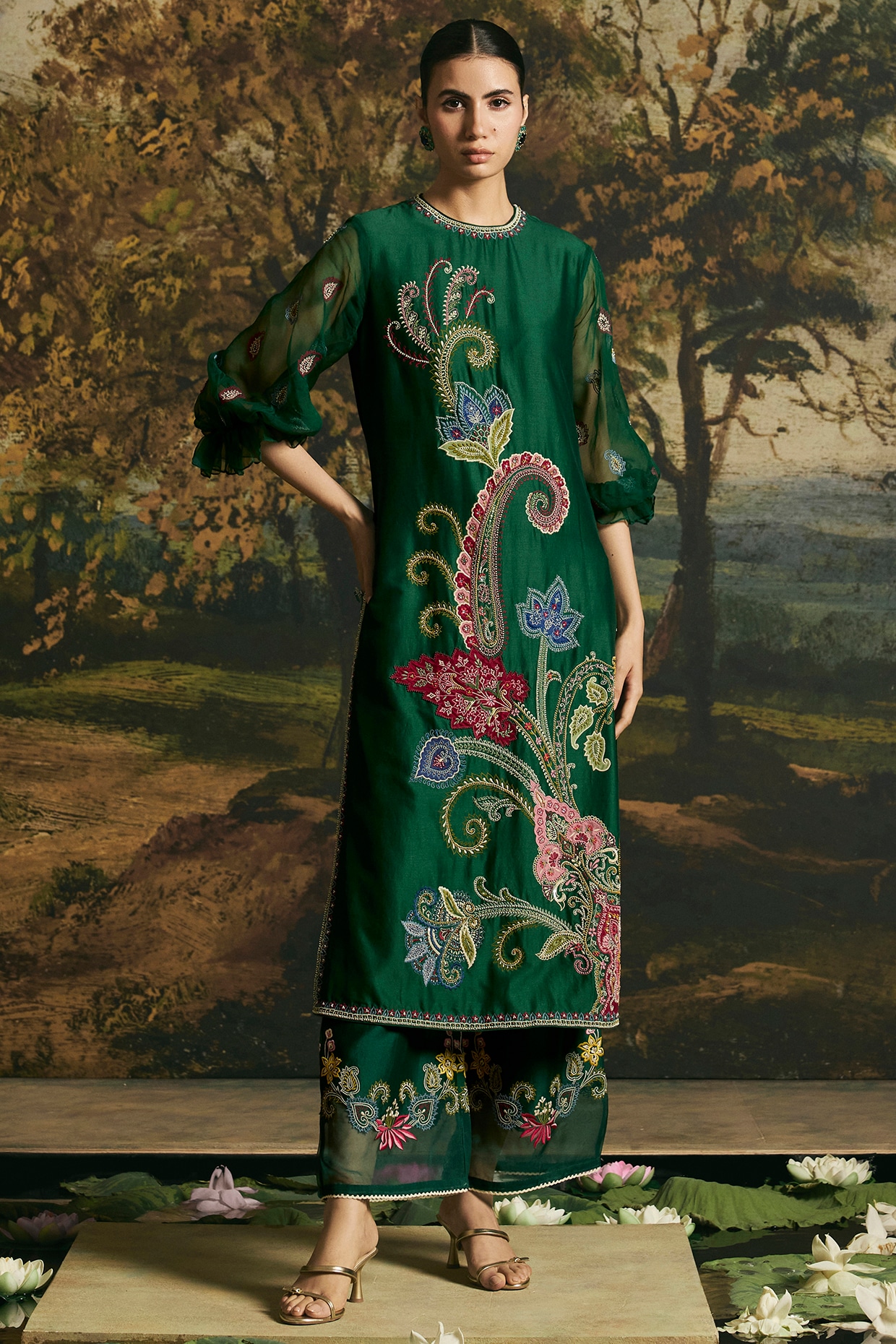 Chandrima Emerald Green Chanderi Applique Work Straight Kurta Set