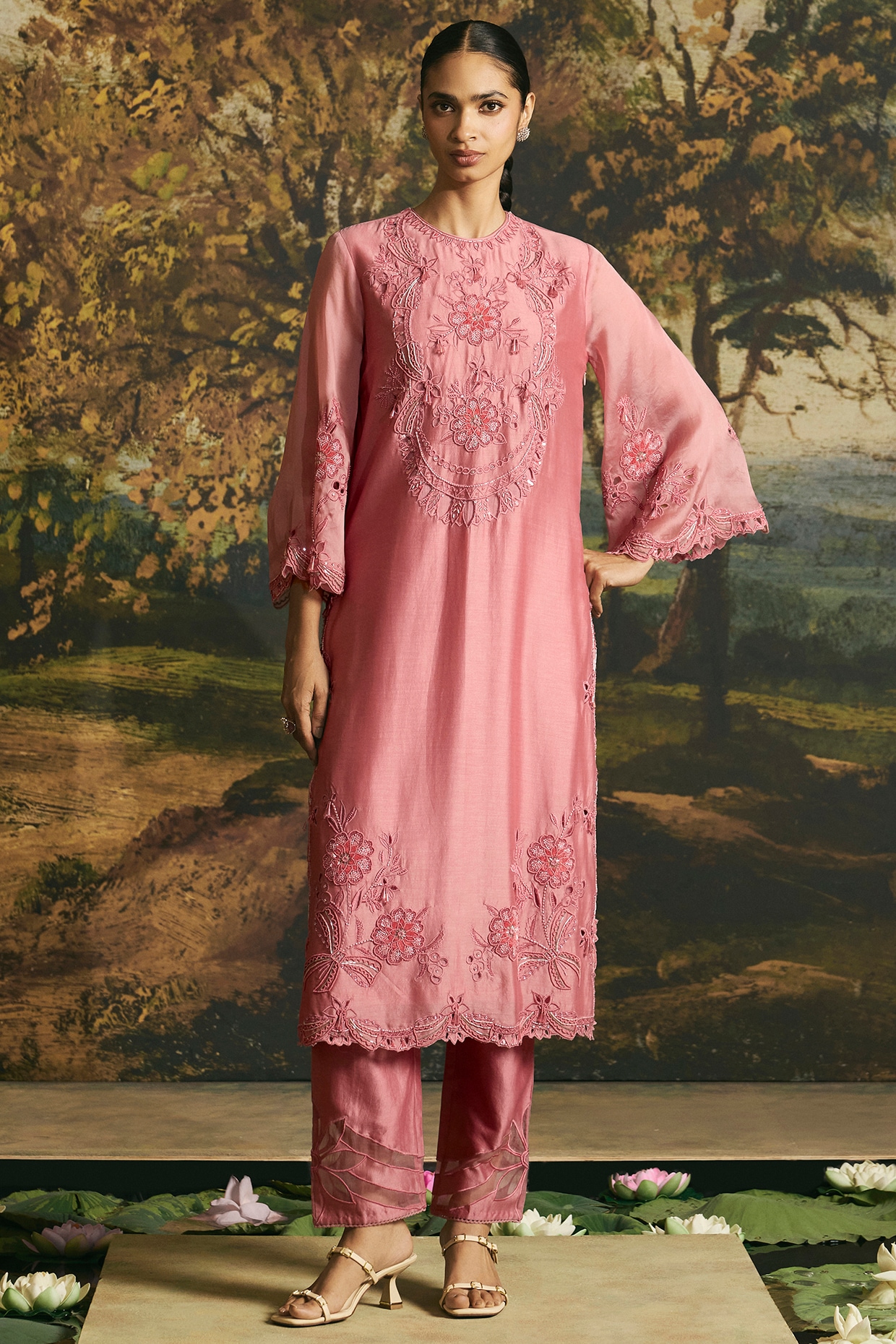 Chandrima Pink Chanderi Cutwork Straight Kurta Set