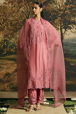 Pink Silk Organza Cutwork Dupatta by Chandrima