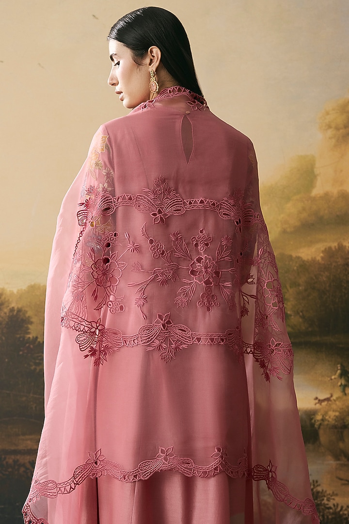 Pink Silk Organza Cutwork Dupatta by Chandrima at Pernia's Pop Up Shop