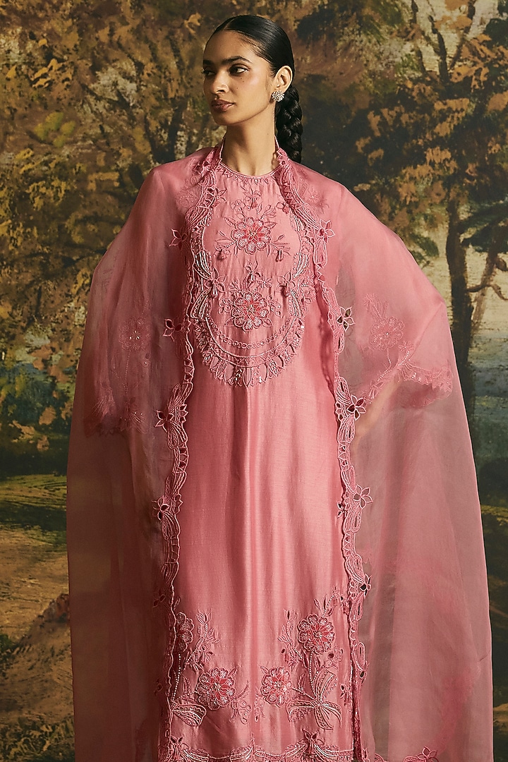 Pink Silk Organza Cutwork Dupatta by Chandrima at Pernia's Pop Up Shop