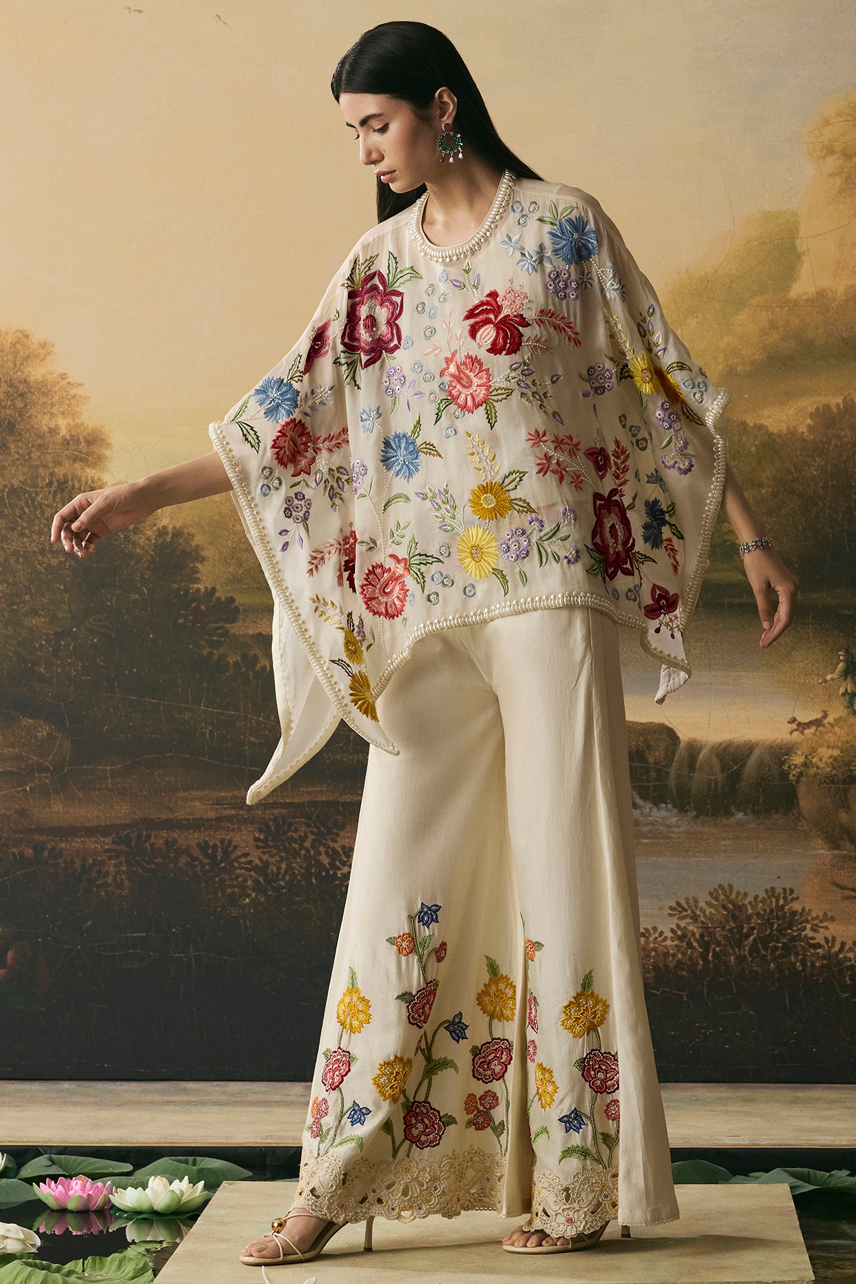 Chandrima Ivory Silk Organza Threadwork Kaftan Set