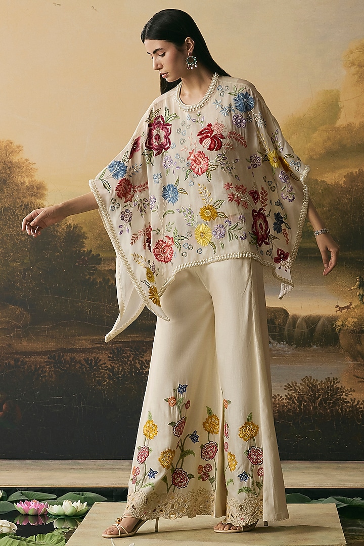 Ivory Silk Organza Threadwork Kaftan Set by Chandrima at Pernia's Pop Up Shop