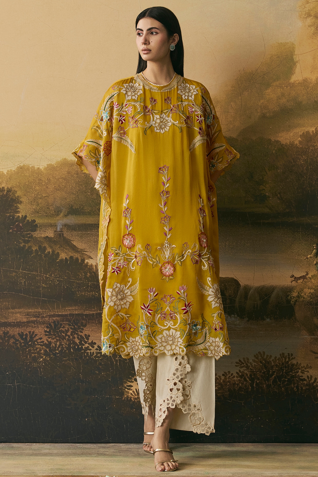 Chandrima Amber Yellow Silk Organza Threadwork Kaftan Set