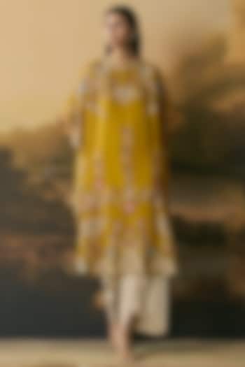 Amber Yellow Silk Organza Threadwork Kaftan Set by Chandrima at Pernia's Pop Up Shop