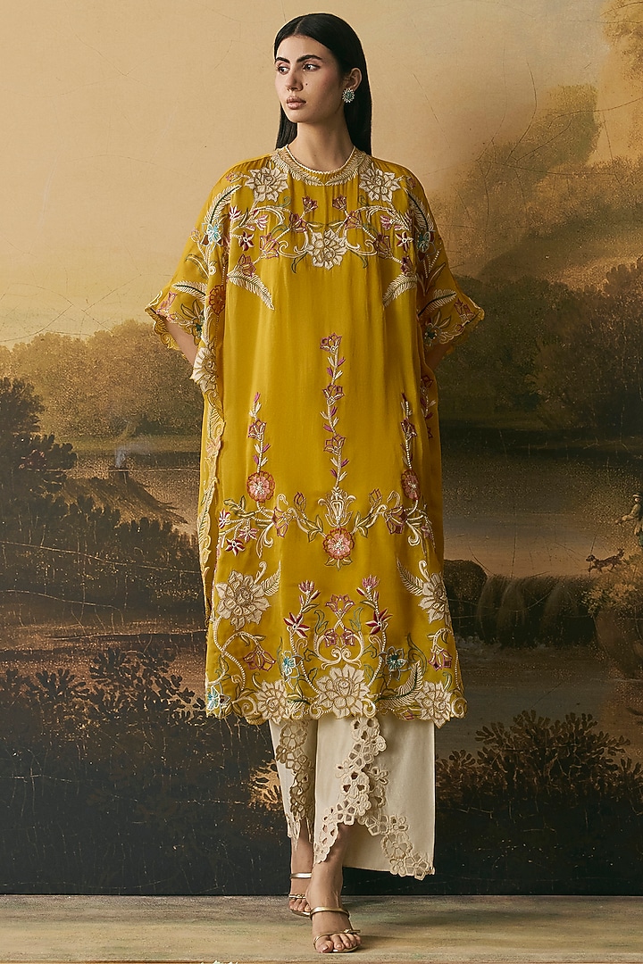 Amber Yellow Silk Organza Threadwork Kaftan Set by Chandrima at Pernia's Pop Up Shop