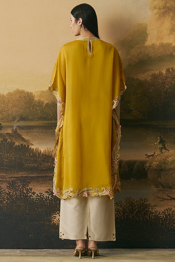 Amber Yellow Silk Organza Threadwork Kaftan Set by Chandrima at Pernia's Pop Up Shop