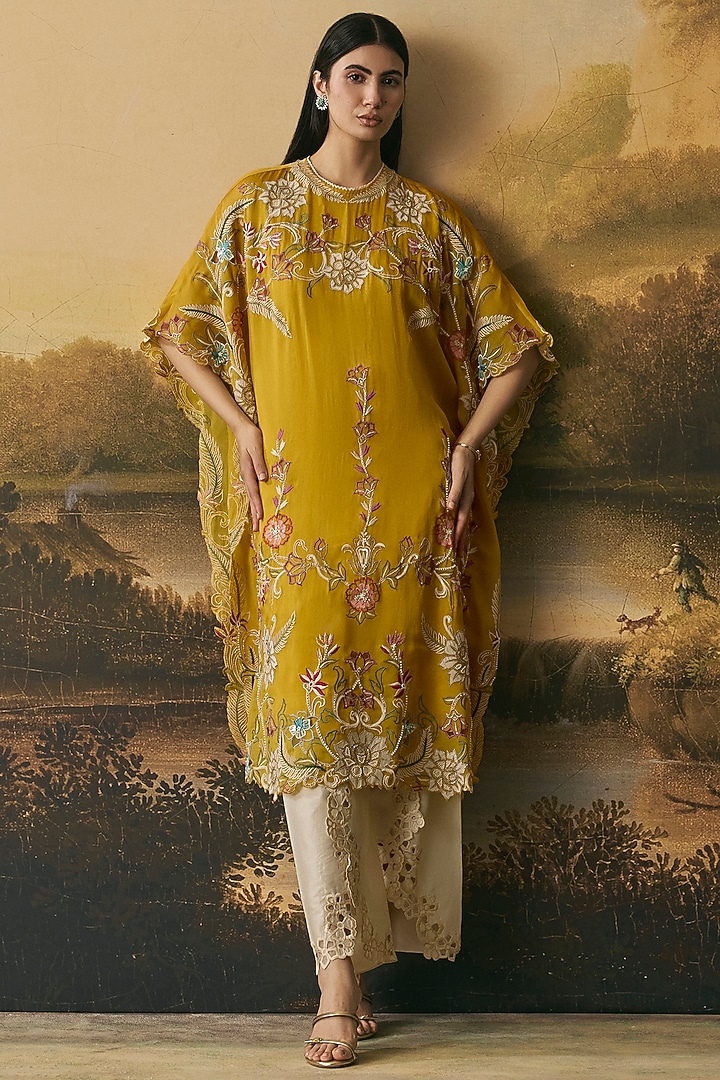 Amber Yellow Silk Organza Threadwork Kaftan Set by Chandrima at Pernia's Pop Up Shop