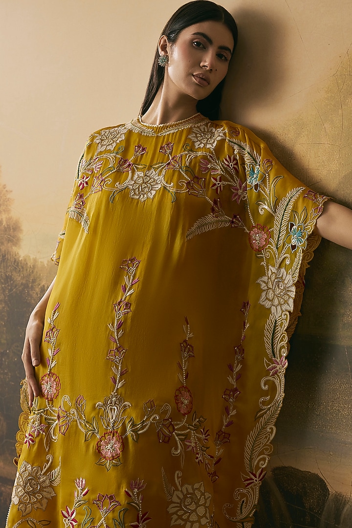 Amber Yellow Silk Organza Threadwork Kaftan Set by Chandrima at Pernia's Pop Up Shop