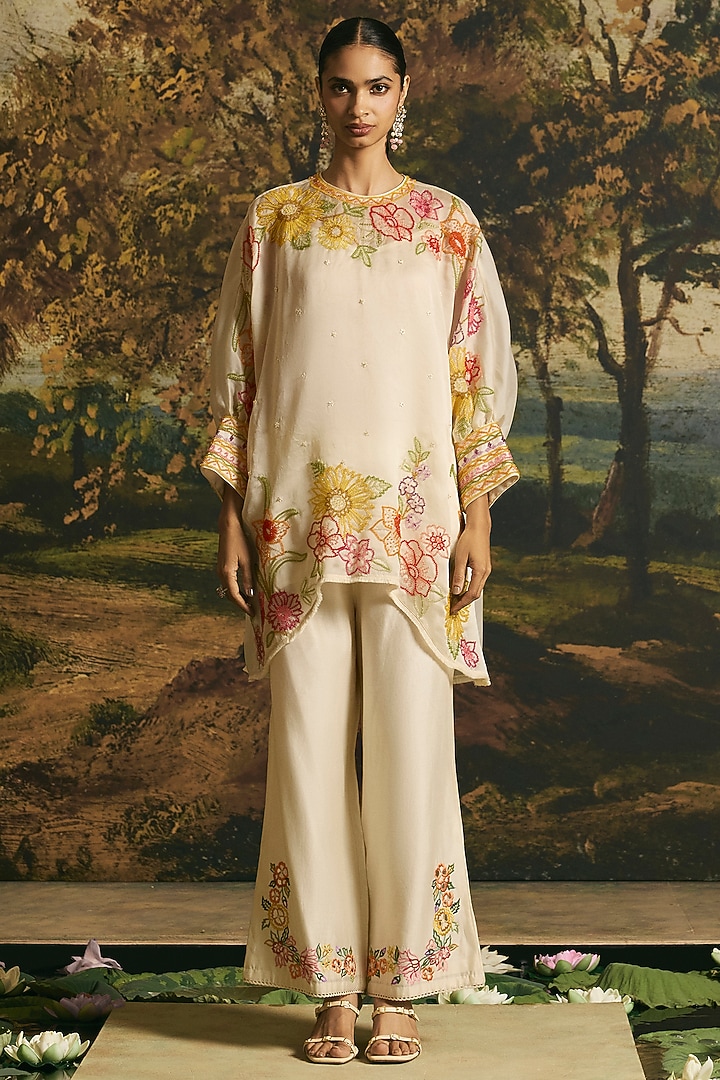 Ivory Silk Organza Floral Cutwork Tunic Set by Chandrima at Pernia's Pop Up Shop