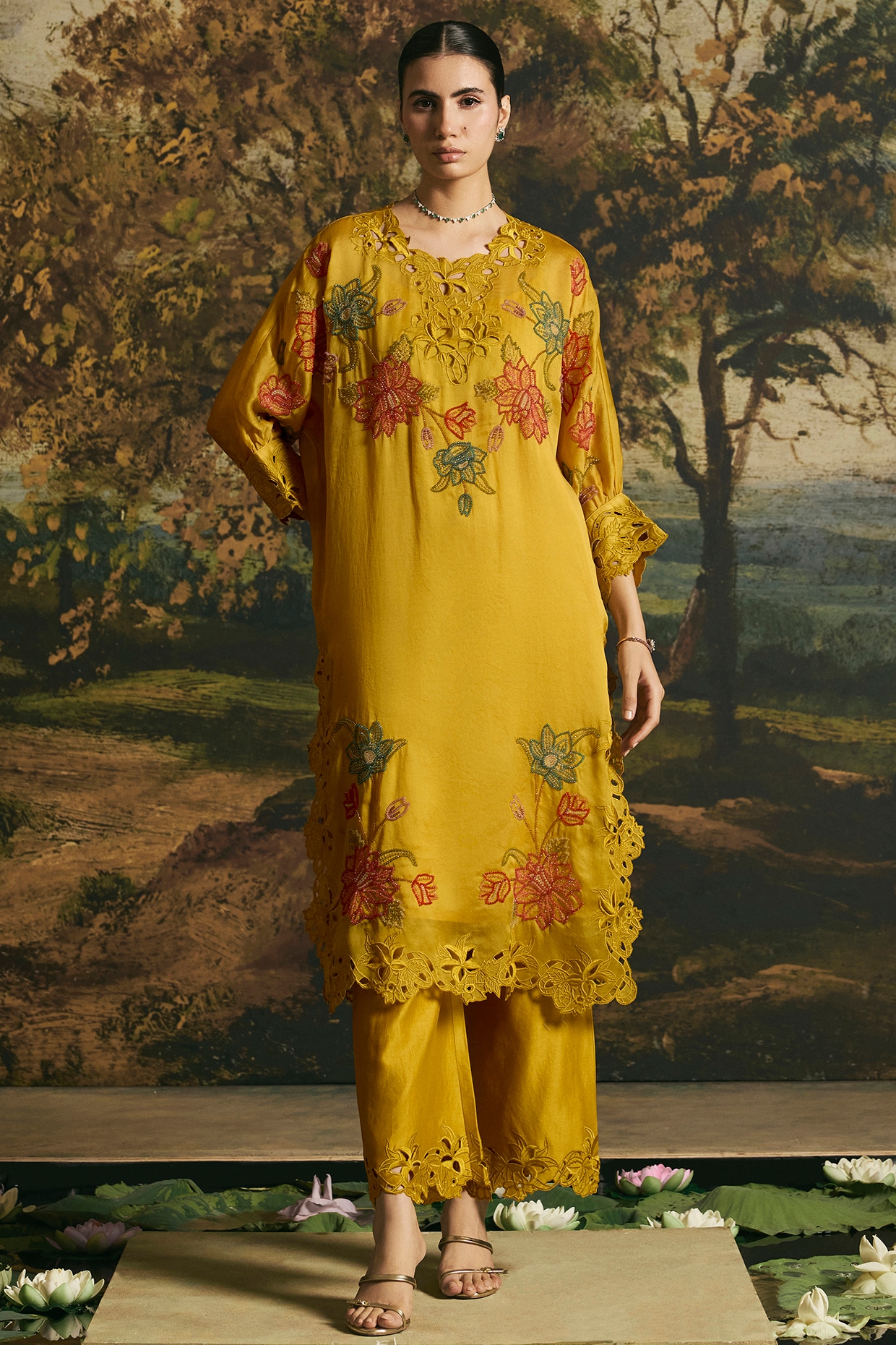 Chandrima Amber Yellow Cutwork Kimono Kurta Set