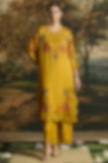 Amber Yellow Cutwork Kimono Kurta Set by Chandrima at Pernia's Pop Up Shop