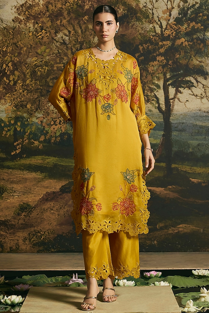 Amber Yellow Cutwork Kimono Kurta Set by Chandrima at Pernia's Pop Up Shop