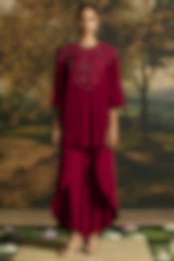 Cherry Red Georgette Cutwork Textured Tunic Set by Chandrima at Pernia's Pop Up Shop