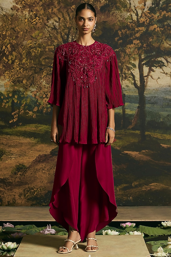 Cherry Red Georgette Cutwork Textured Tunic Set by Chandrima at Pernia's Pop Up Shop