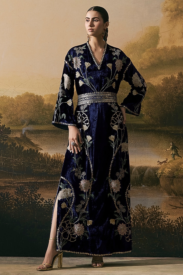 Cobalt Blue Velvet Floral Threadwork Embellished Party Wear Dress by Chandrima at Pernia's Pop Up Shop