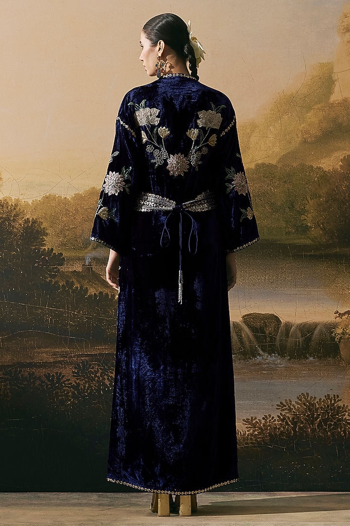Cobalt Blue Velvet Floral Threadwork Embellished Party Wear Dress by Chandrima at Pernia's Pop Up Shop