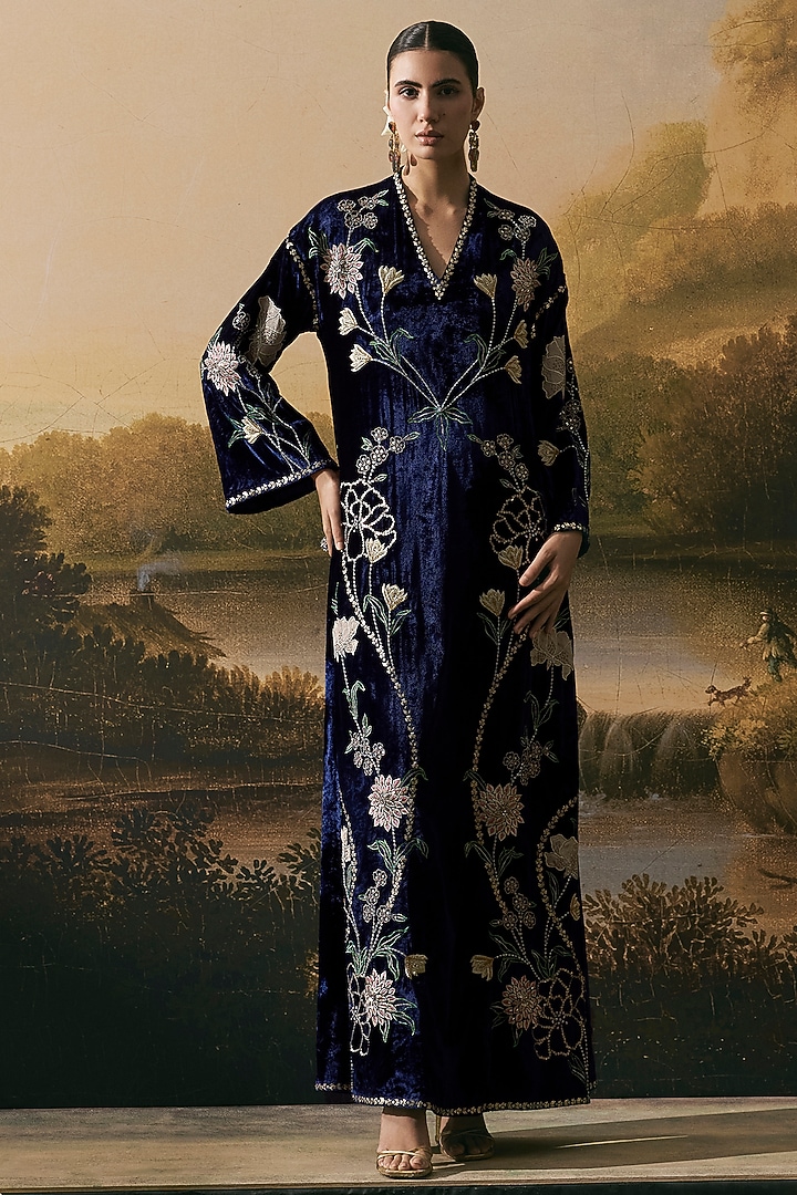 Cobalt Blue Velvet Floral Threadwork Embellished Party Wear Dress by Chandrima at Pernia's Pop Up Shop