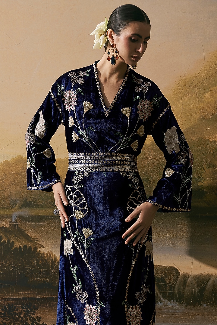 Cobalt Blue Velvet Floral Threadwork Embellished Party Wear Dress by Chandrima at Pernia's Pop Up Shop