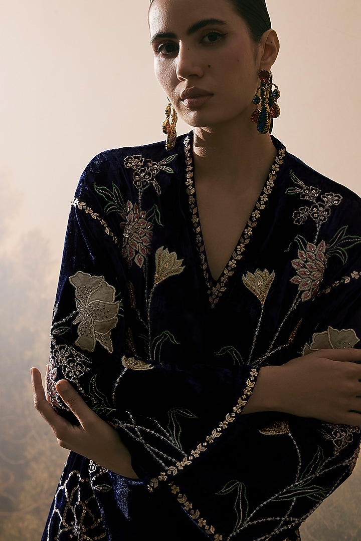 Cobalt Blue Velvet Floral Threadwork Embellished Party Wear Dress by Chandrima at Pernia's Pop Up Shop