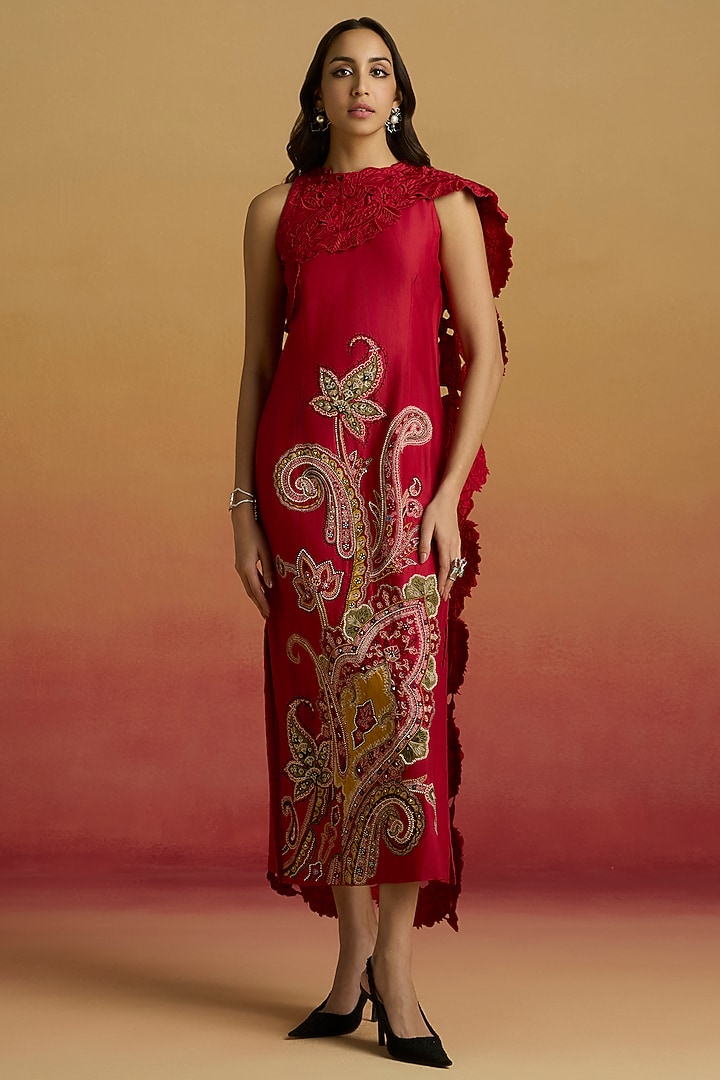 Red Chanderi Bead Work Cocktail Dress by Chandrima at Pernia's Pop Up Shop