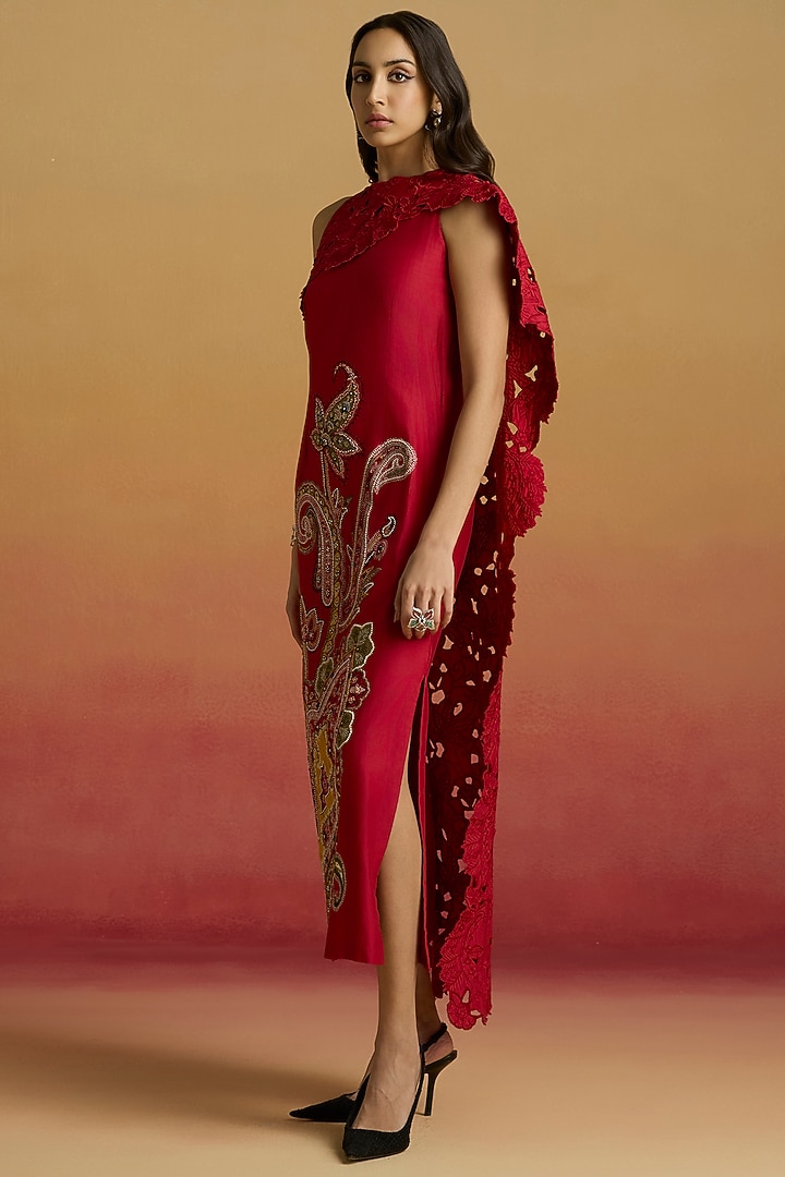 Red Chanderi Bead Work Cocktail Dress by Chandrima at Pernia's Pop Up Shop