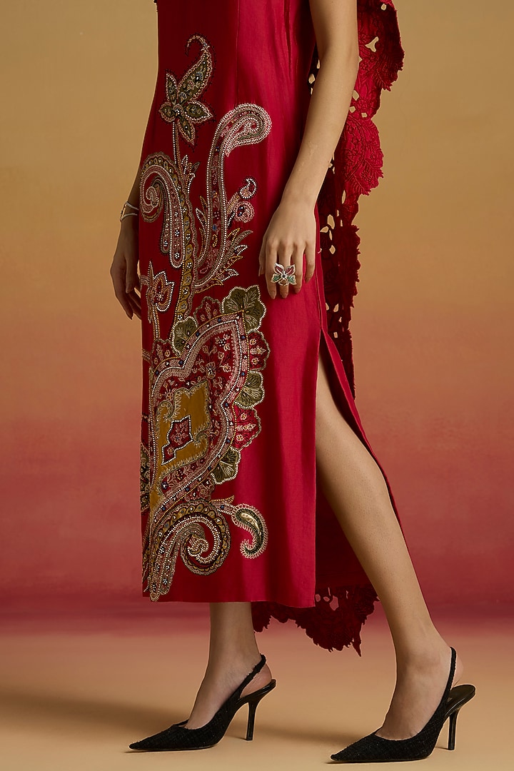 Red Chanderi Bead Work Cocktail Dress by Chandrima at Pernia's Pop Up Shop