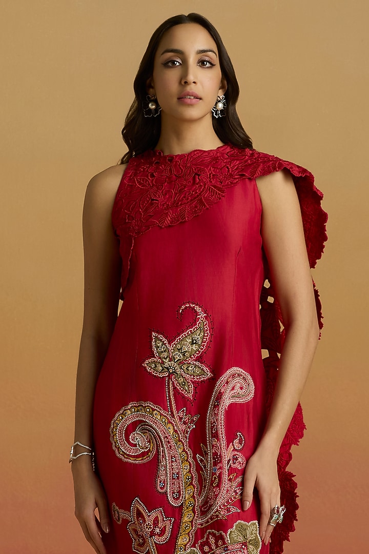 Red Chanderi Bead Work Cocktail Dress by Chandrima at Pernia's Pop Up Shop