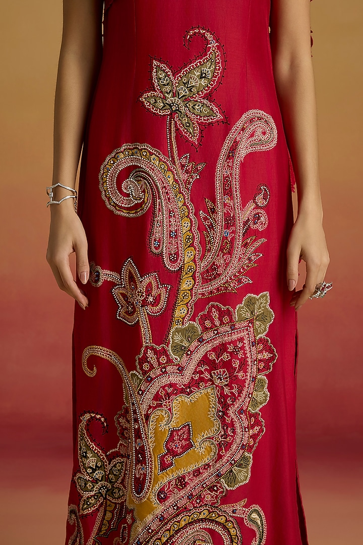 Red Chanderi Bead Work Cocktail Dress by Chandrima at Pernia's Pop Up Shop