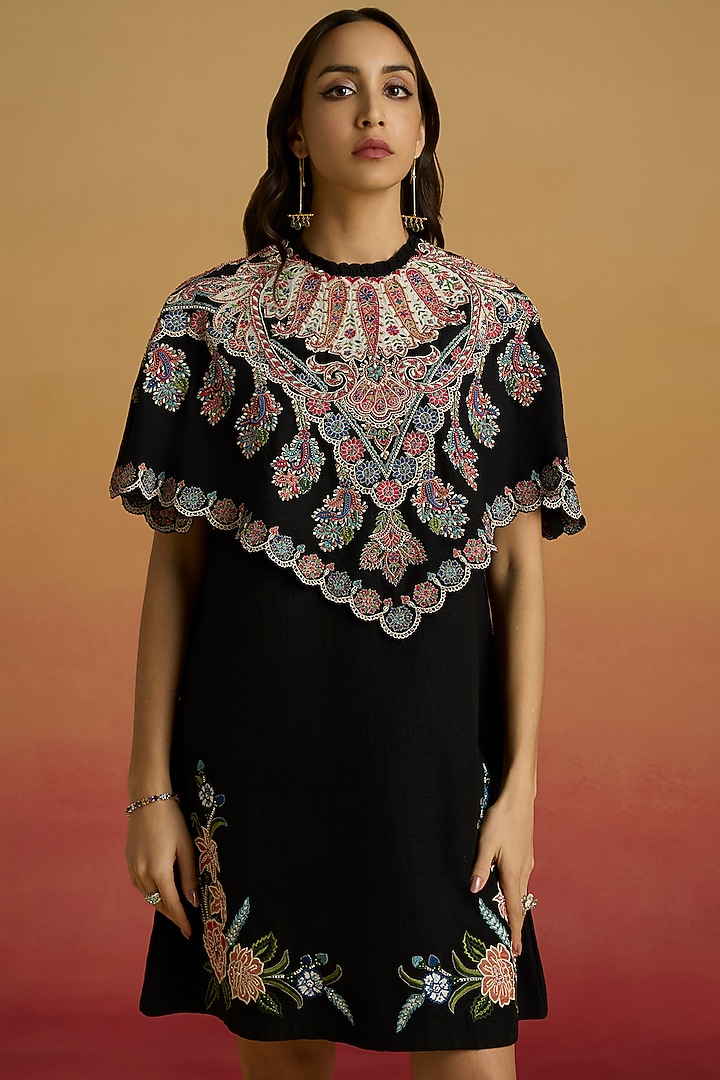 Black Matka Silk Thread Work Mini Cocktail Dress by Chandrima at Pernia's Pop Up Shop