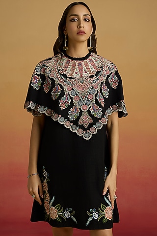 Black Matka Silk Thread Work Mini Dress by Chandrima