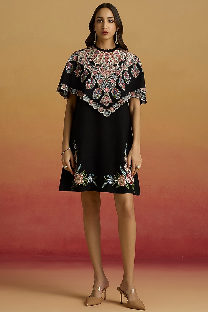 Black Matka Silk Thread Work Mini Cocktail Dress by Chandrima at Pernia's Pop Up Shop