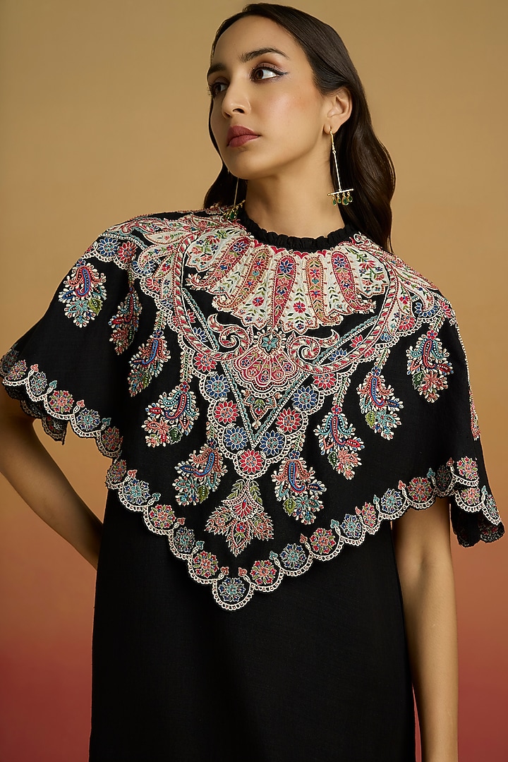 Black Matka Silk Thread Work Mini Cocktail Dress by Chandrima at Pernia's Pop Up Shop