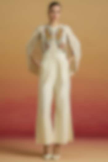 Ivory Chanderi Thread Work Jumpsuit by Chandrima at Pernia's Pop Up Shop