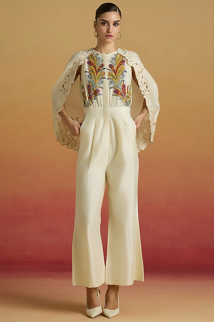 Ivory Chanderi Thread Work Jumpsuit by Chandrima at Pernia's Pop Up Shop